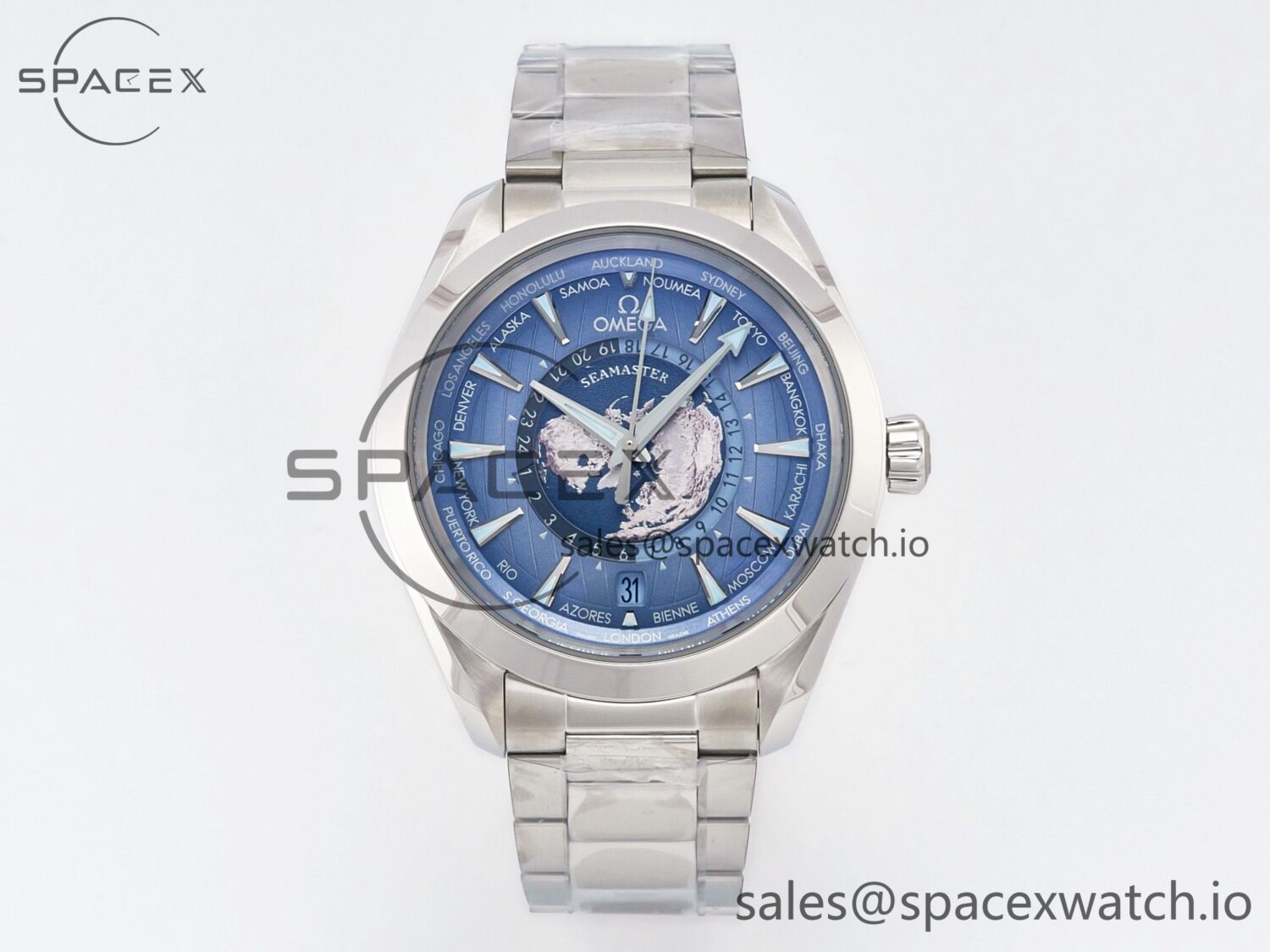 Aqua Terra 150M 43mm Worldtimer 24 VSF reference-accurate Summer Blue Dial on SS Bracelet A8938 hand-finished build — custom-built watch