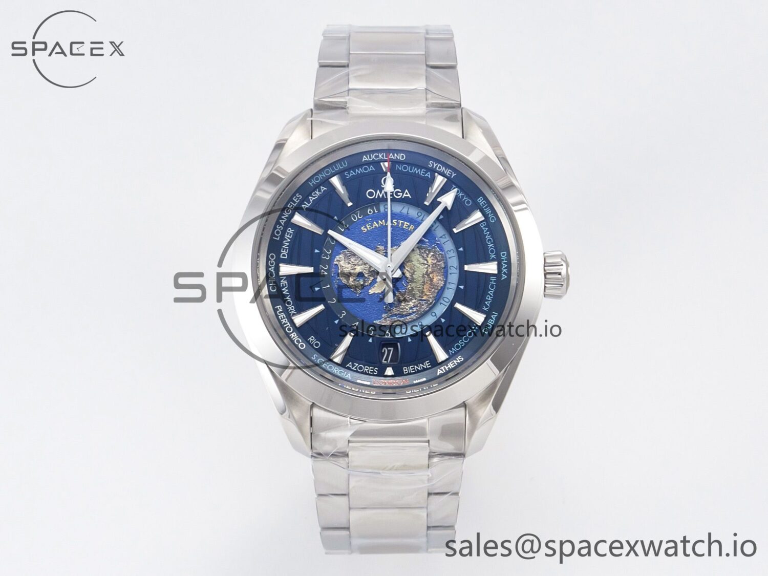 Aqua Terra 150M 43mm Worldtimer 24 VSF reference-accurate Blue Dial on SS Bracelet A8938 hand-finished build — custom-built watch