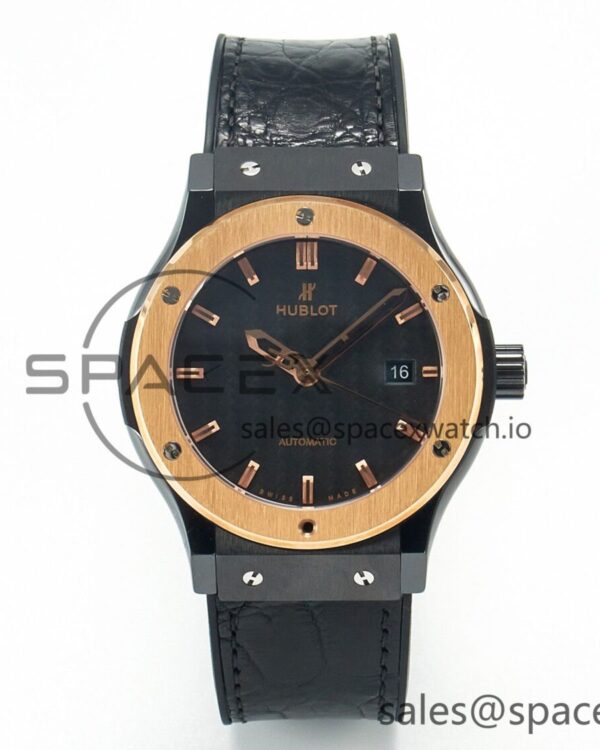 Classic Fusion 42mm Real Black Ceramic YDF reference-accurate Carbon Dial RG Bezel on Black Gummy Strap SW300 — custom-built watch