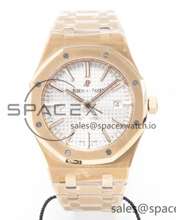 Royal Oak 41mm 15400 RG ZF reference-accurate White Textured Dial on RG Bracelet V2 SA3120 hand-finished build — custom-built watch