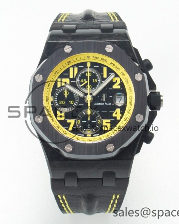 Royal Oak Offshore Bumble Bee Forged Carbon reference-accurateJF Best Edition on Leather Strap A7750 w/ Cyclops & DW Mod — custom-built watch
