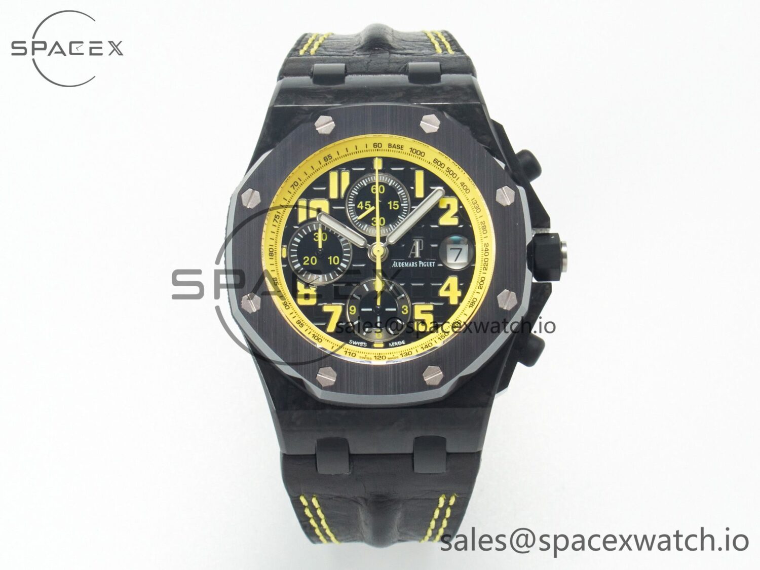 Royal Oak Offshore Bumble Bee Forged Carbon reference-accurateJF Best Edition on Leather Strap A7750 w/ Cyclops & DW Mod — custom-built watch