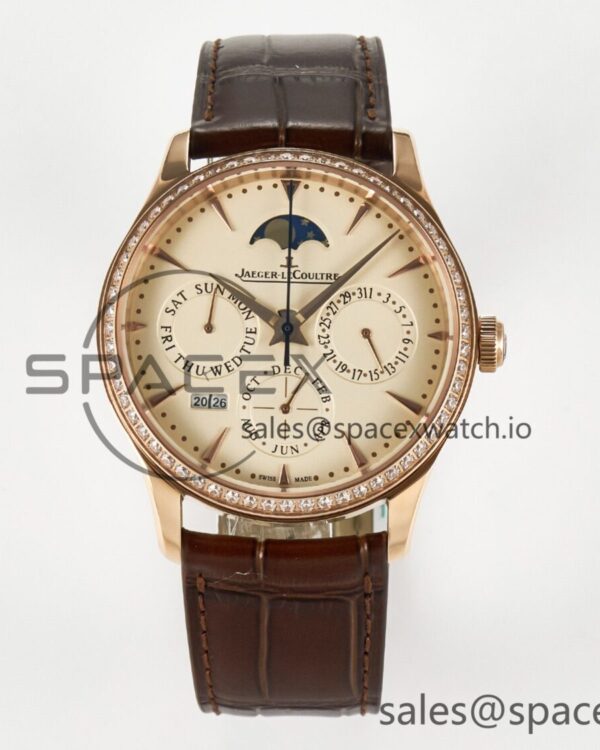 Master Ultra Thin Perpetual Calendar RG V9F reference-accurate Cream Dial Diamonds Bezel on Brown Leather Strap A868 V2 — custom-built watch