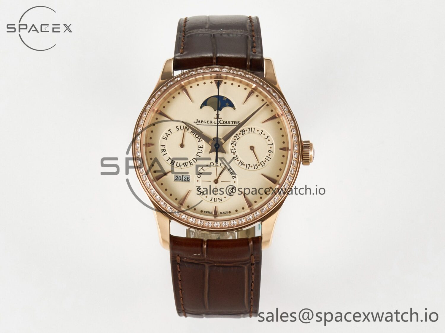 Master Ultra Thin Perpetual Calendar RG V9F reference-accurate Cream Dial Diamonds Bezel on Brown Leather Strap A868 V2 — custom-built watch