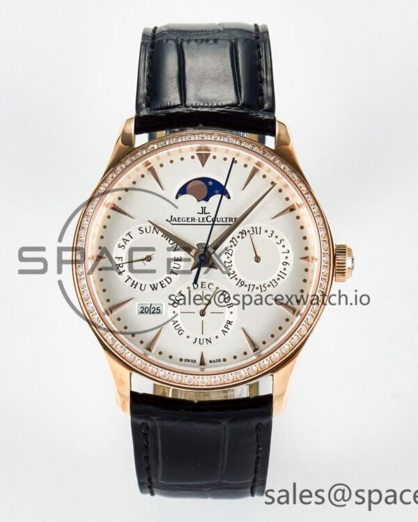 Master Ultra Thin Perpetual Calendar RG V9F reference-accurate White Dial Diamonds Bezel on Black Leather Strap A868 V2 — custom-built watch