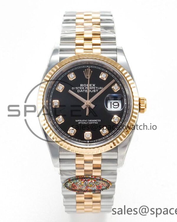 DateJust 36 126231 Clean reference-accurate 904L Steel Black Diamonds Dial on SS/RG Jubilee Bracelet VR3235 — custom-built watch
