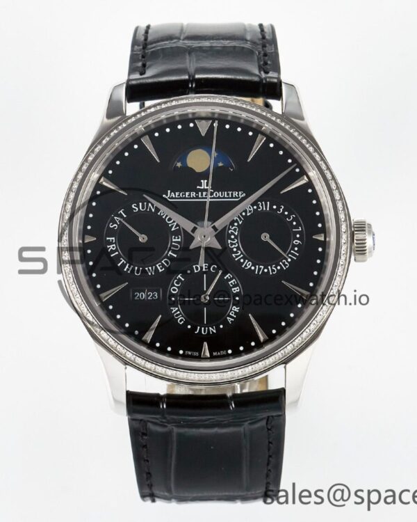 Master Ultra Thin Perpetual Calendar SS V9F reference-accurate Black Dial Diamonds Bezel on Black Leather Strap A868 V2 — custom-built watch