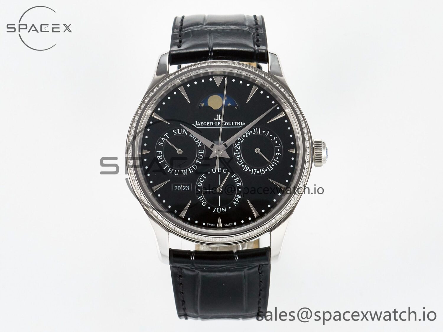 Master Ultra Thin Perpetual Calendar SS V9F reference-accurate Black Dial Diamonds Bezel on Black Leather Strap A868 V2 — custom-built watch