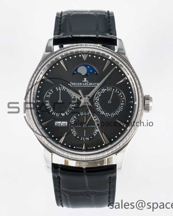 Master Ultra Thin Perpetual Calendar SS V9F reference-accurate Gray Dial Diamonds Bezel on Black Leather Strap A868 V2 — custom-built watch