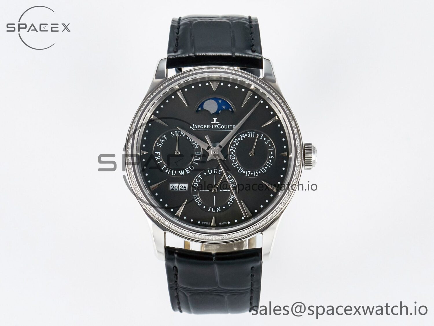 Master Ultra Thin Perpetual Calendar SS V9F reference-accurate Gray Dial Diamonds Bezel on Black Leather Strap A868 V2 — custom-built watch