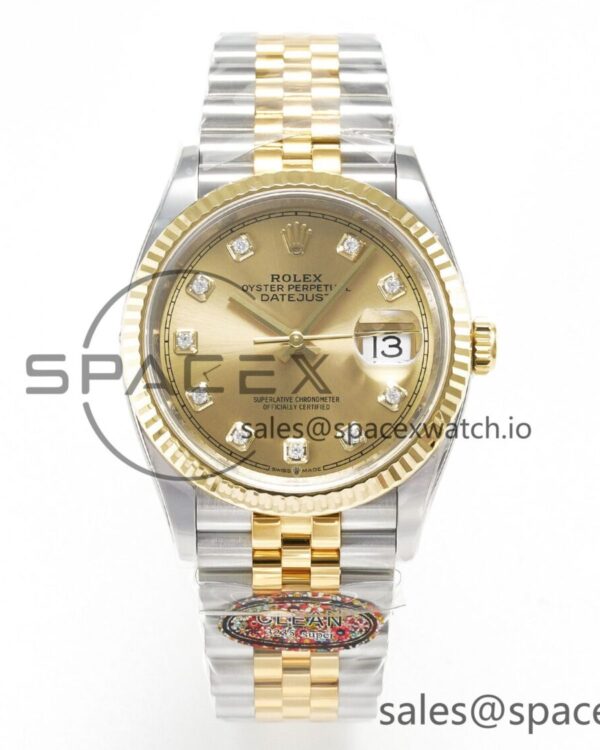 DateJust 36 126233 Clean reference-accurate 904L Steel YG Diamonds Dial on SS/YG Jubilee Bracelet VR3235 — custom-built watch