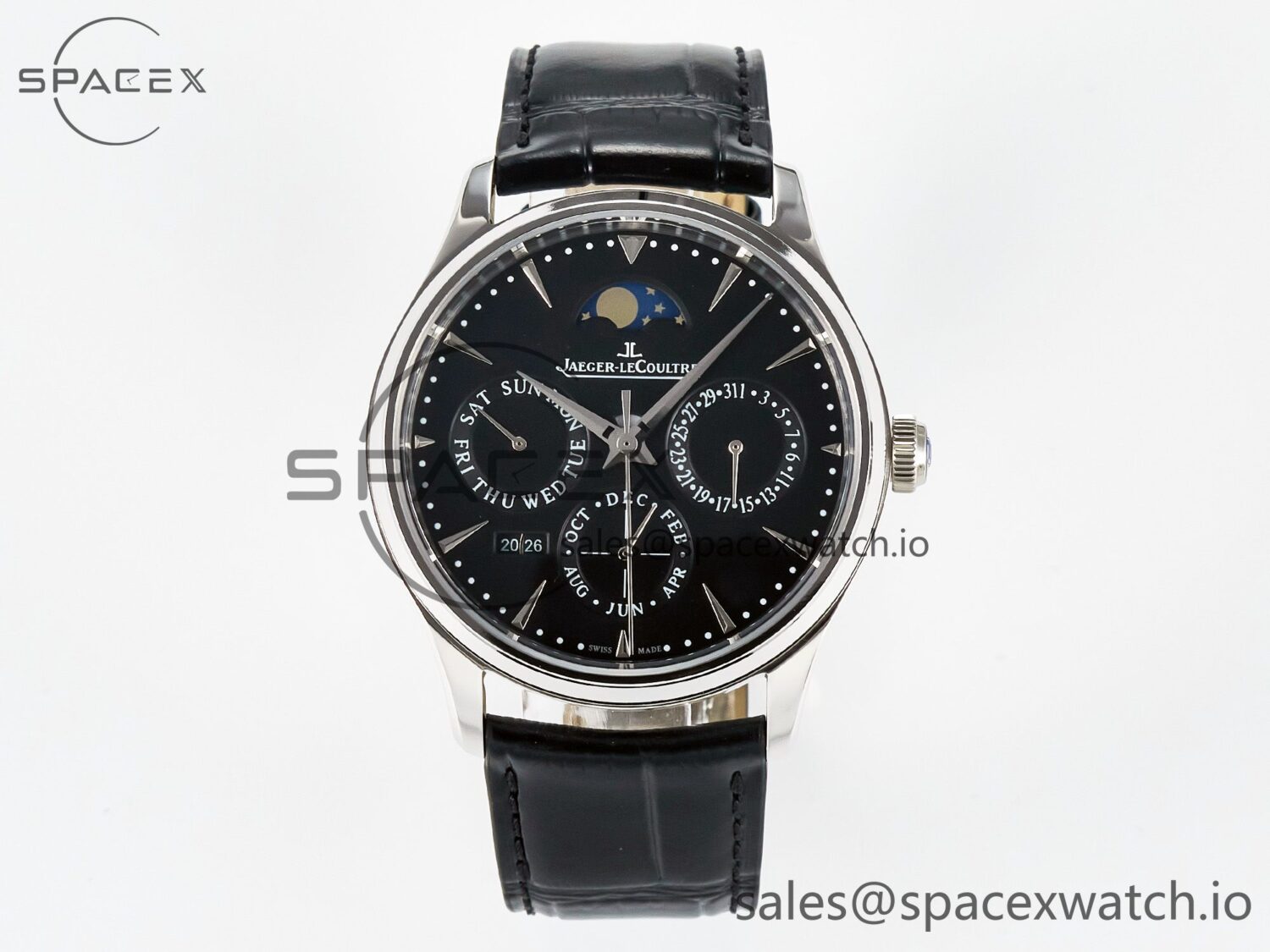 Master Ultra Thin Perpetual Calendar SS V9F reference-accurate Black Dial on Black Leather Strap A868 V2 — custom-built watch