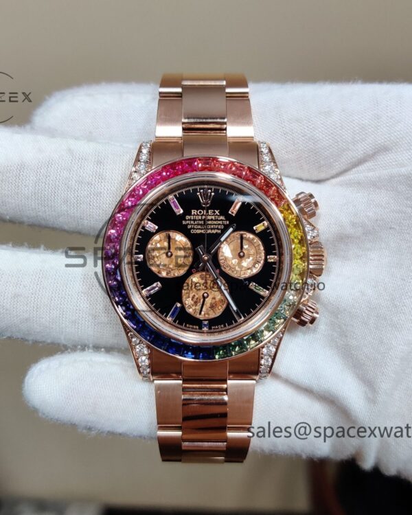 Rolex Daytona Series 116595RBOW Rainbow Di reference-accurateCustomized 18K Pure Gold Case, Strap, Buckle, Customized Best Dial, Natural Sapphire Rainbow Outer Ring, Dandong 4130 Movement — custom-built watch