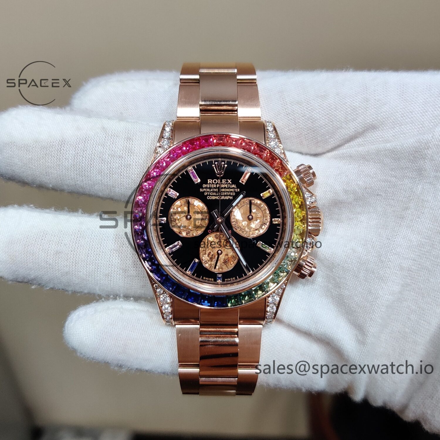 Rolex Daytona Series 116595RBOW Rainbow Di reference-accurateCustomized 18K Pure Gold Case, Strap, Buckle, Customized Best Dial, Natural Sapphire Rainbow Outer Ring, Dandong 4130 Movement — custom-built watch