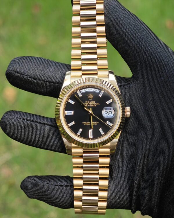Rolex 40mm Day Date m 228238, customized substitute black dial hands and calendar week, 18K original color gold treatment for the entire watch, Swiss ETA2836 movement — custom-built watch