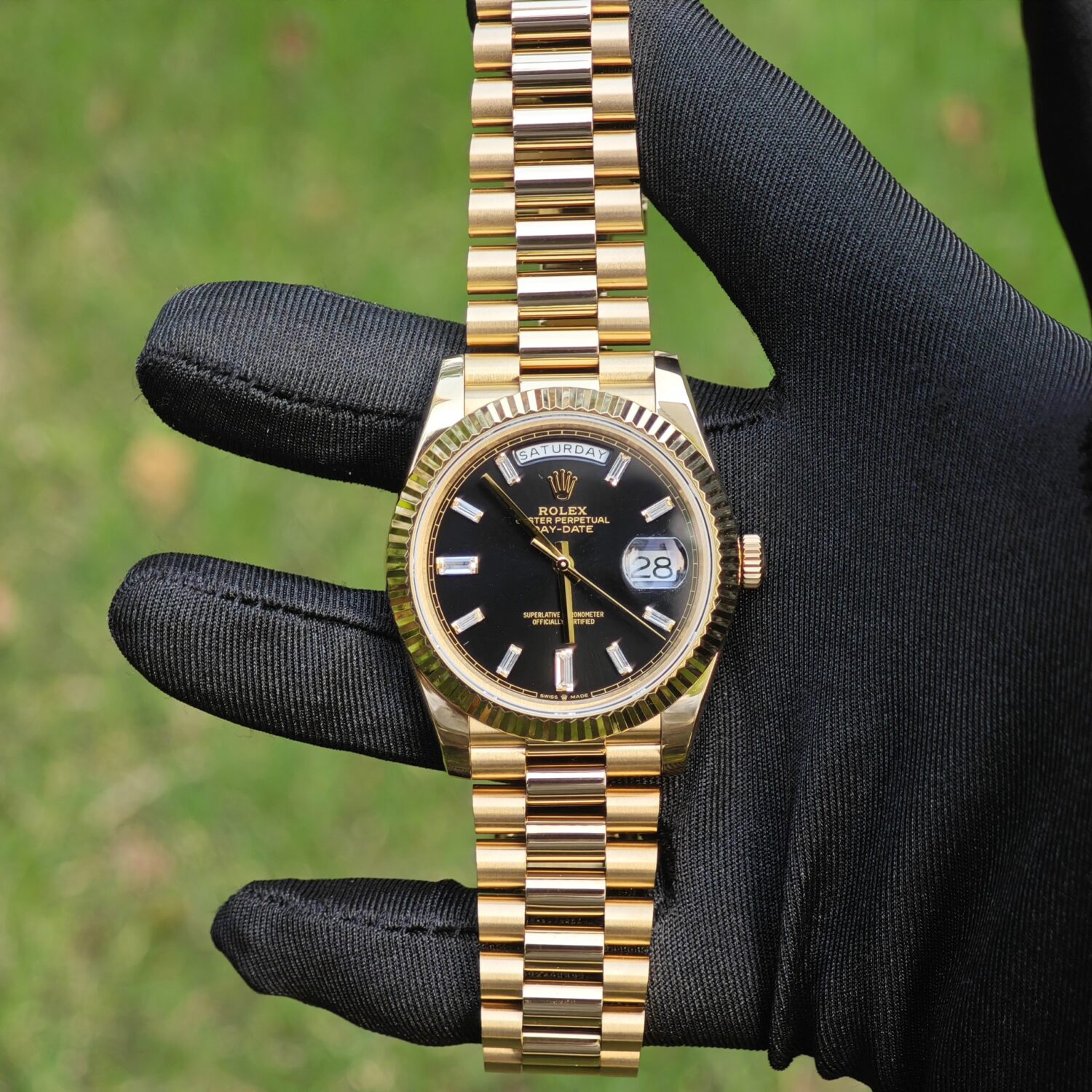 Rolex 40mm Day Date m 228238, customized substitute black dial hands and calendar week, 18K original color gold treatment for the entire watch, Swiss ETA2836 movement — custom-built watch