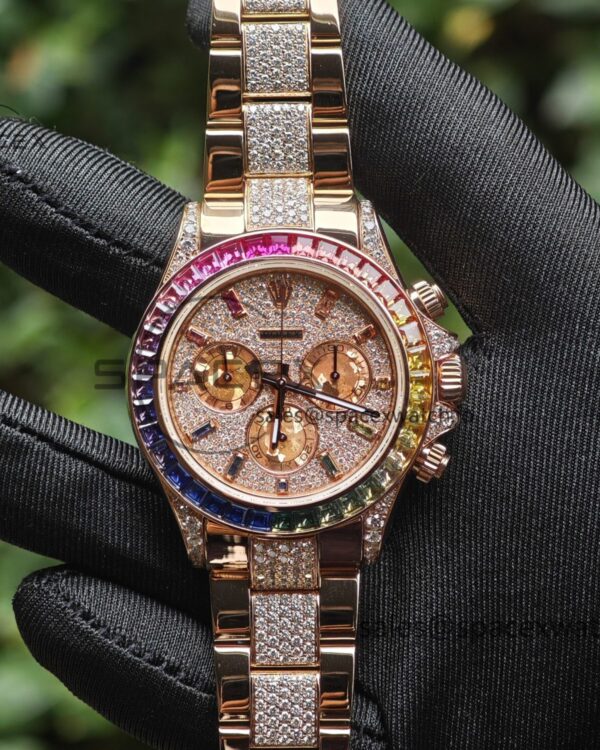 Rolex Daytona Series 116595RBOW Rainbow Di reference-accurateCustomized 18K Pure Gold Case, Strap, Buckle, Customized Best True Diamond Dial, Hands, Natural Sapphire Rainbow Outer Ring, Dandong 4130 Movement — custom-built watch