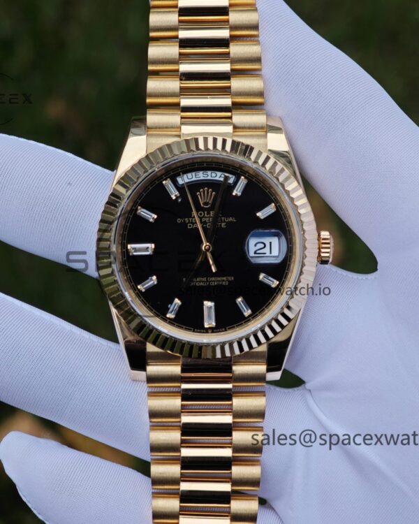 40mm Rolex Day Date m 228238 CNC Crafted Customized 18K Gold Case Strap, Customized Best Alternative Black Dial Hands and Calendar Week, Swiss ETA2836 Movement — custom-built watch