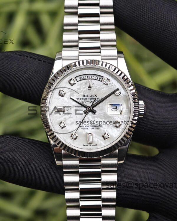 Rolex Day Date model m128239, diameter 36mm, custom best white mother of pearl dial, best alternative pointer, custom best calendar, stainless steel electroplated platinum case and strap — custom-built watch