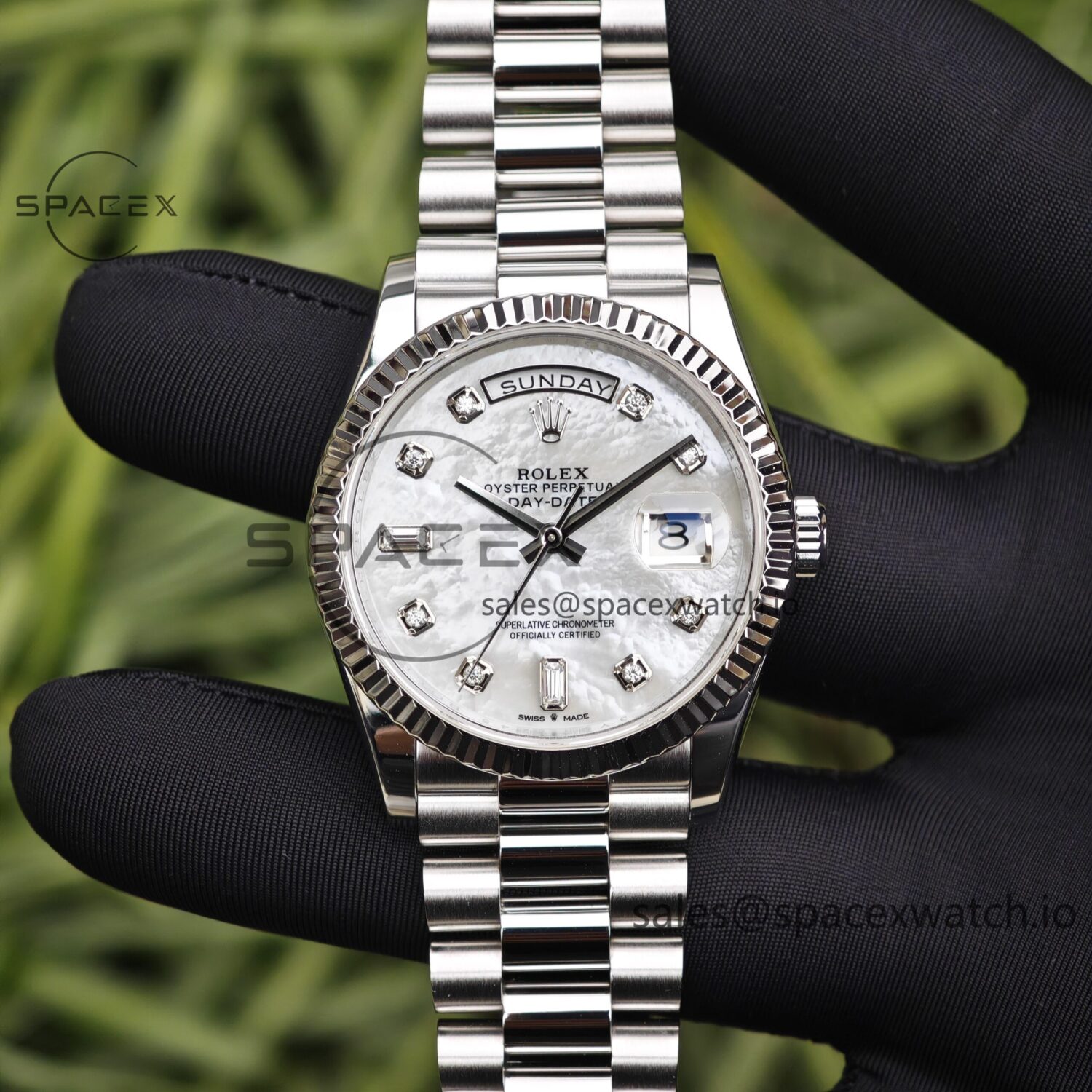 Rolex Day Date model m128239, diameter 36mm, custom best white mother of pearl dial, best alternative pointer, custom best calendar, stainless steel electroplated platinum case and strap — custom-built watch