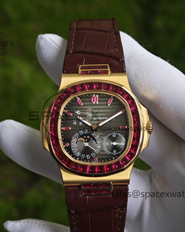 Patek Philippe Nautilus 5724R reference-accurateCustomized Best Alternative Gradient Dial Natural Ruby Scale, Customized Natural Ruby Outer Ring, 18K Gold Plated Case, 240 Integrated Movement — custom-built watch