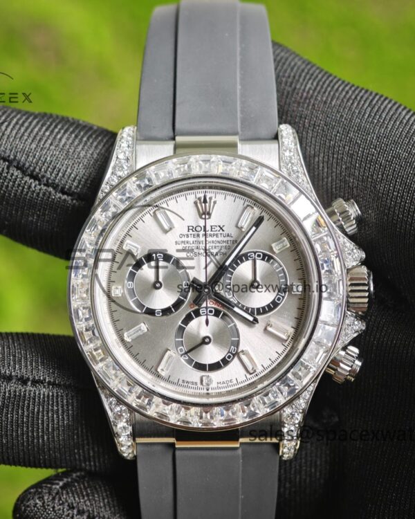 Rolex Daytona 126539TBRT, handcrafted with natural diamonds on the outer ring and case, customized with the best substitute dial and hands, and electroplated with 18K white gold on the case and clasp — custom-built watch