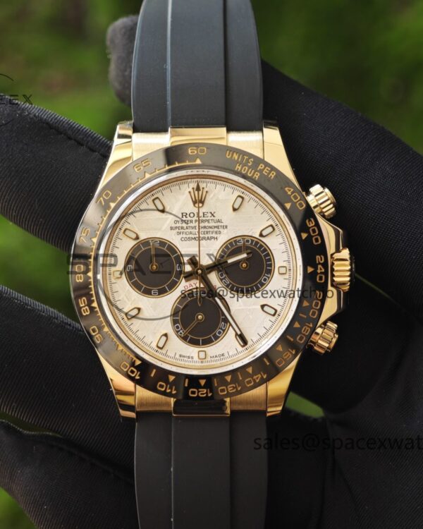 Daytona 116518 customized reference-accurate meteorite dial, best substitute hands, CNC customized 18K pure gold case clasp, with Oysterflex strap, Dandong 4130 movement — custom-built watch