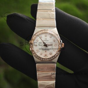 Omega Constellation 27mm imported quartz movement women’s watch diamond bezel white mother of pearl dial, plated with 18K rose gold — custom-built watch