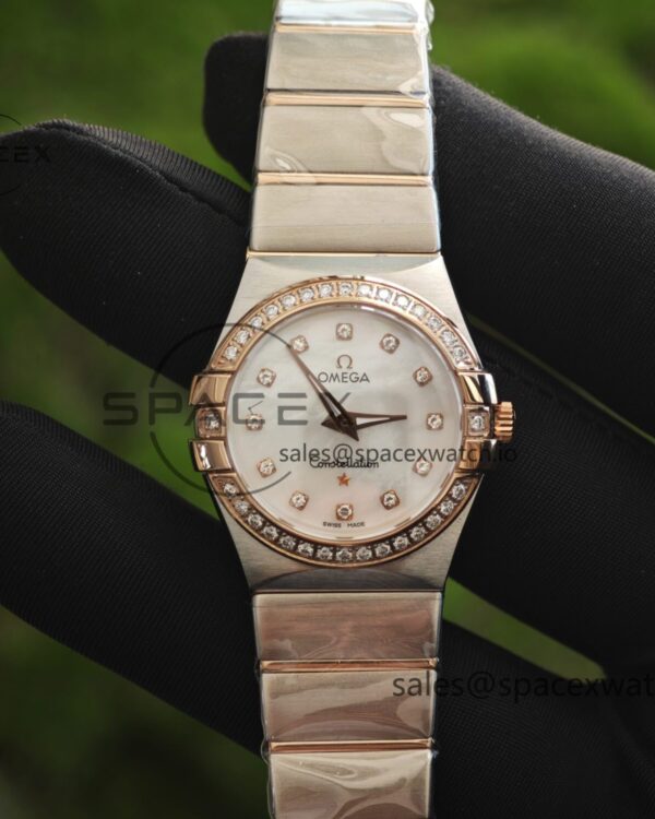 Omega Constellation 27mm imported quartz movement women’s watch diamond bezel white mother of pearl dial, plated with 18K rose gold — custom-built watch
