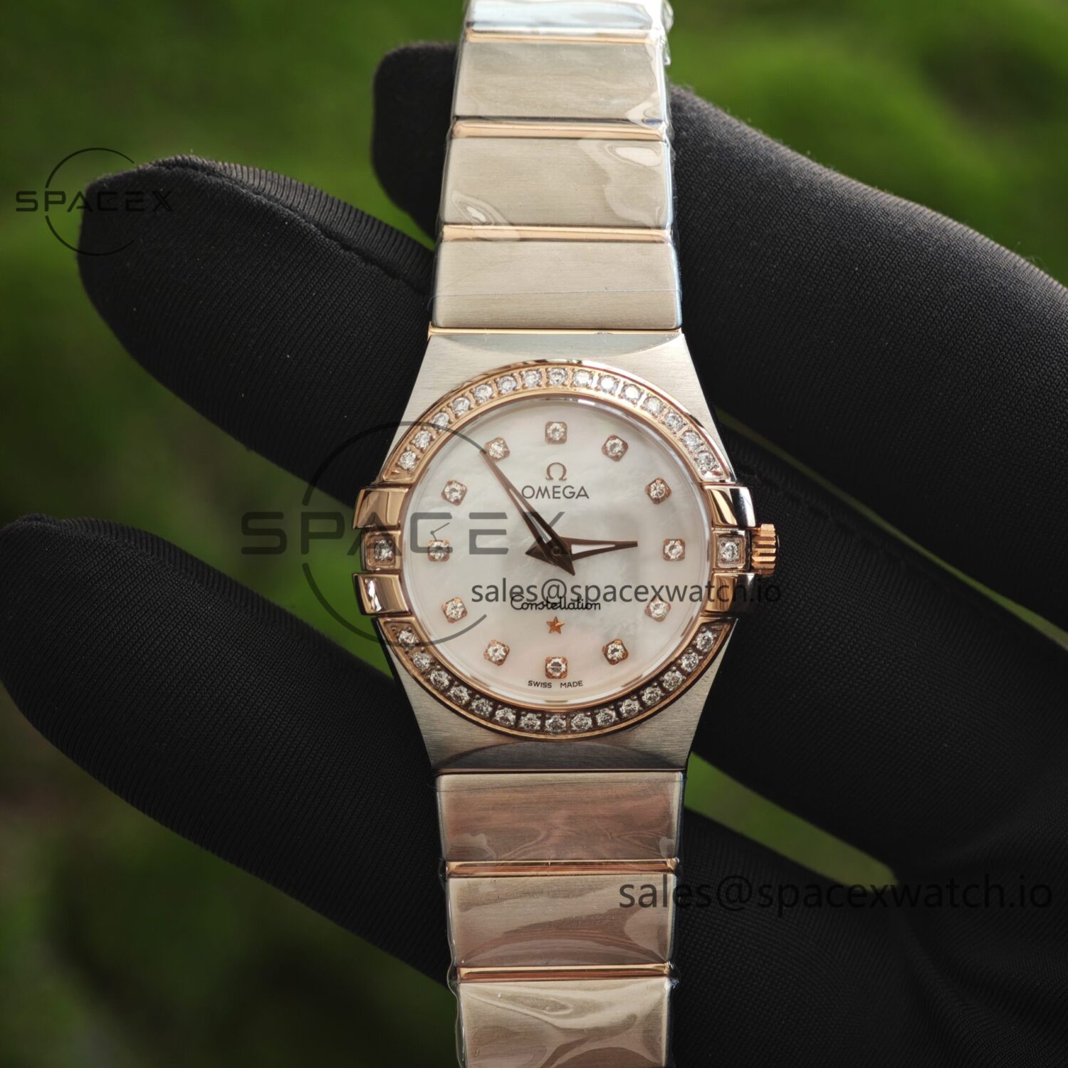 Omega Constellation 27mm imported quartz movement women’s watch diamond bezel white mother of pearl dial, plated with 18K rose gold — custom-built watch