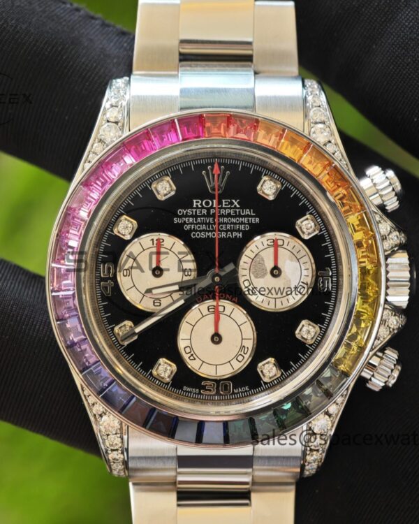 Rolex Daytona Series 116599 RBOW Platinum Rainbow Di reference-accurateCNC Customized Case, Strap, Buckle, Customized Best Dial, Natural Sapphire Rainbow Outer Ring, Dandong 4130 Movement — custom-built watch