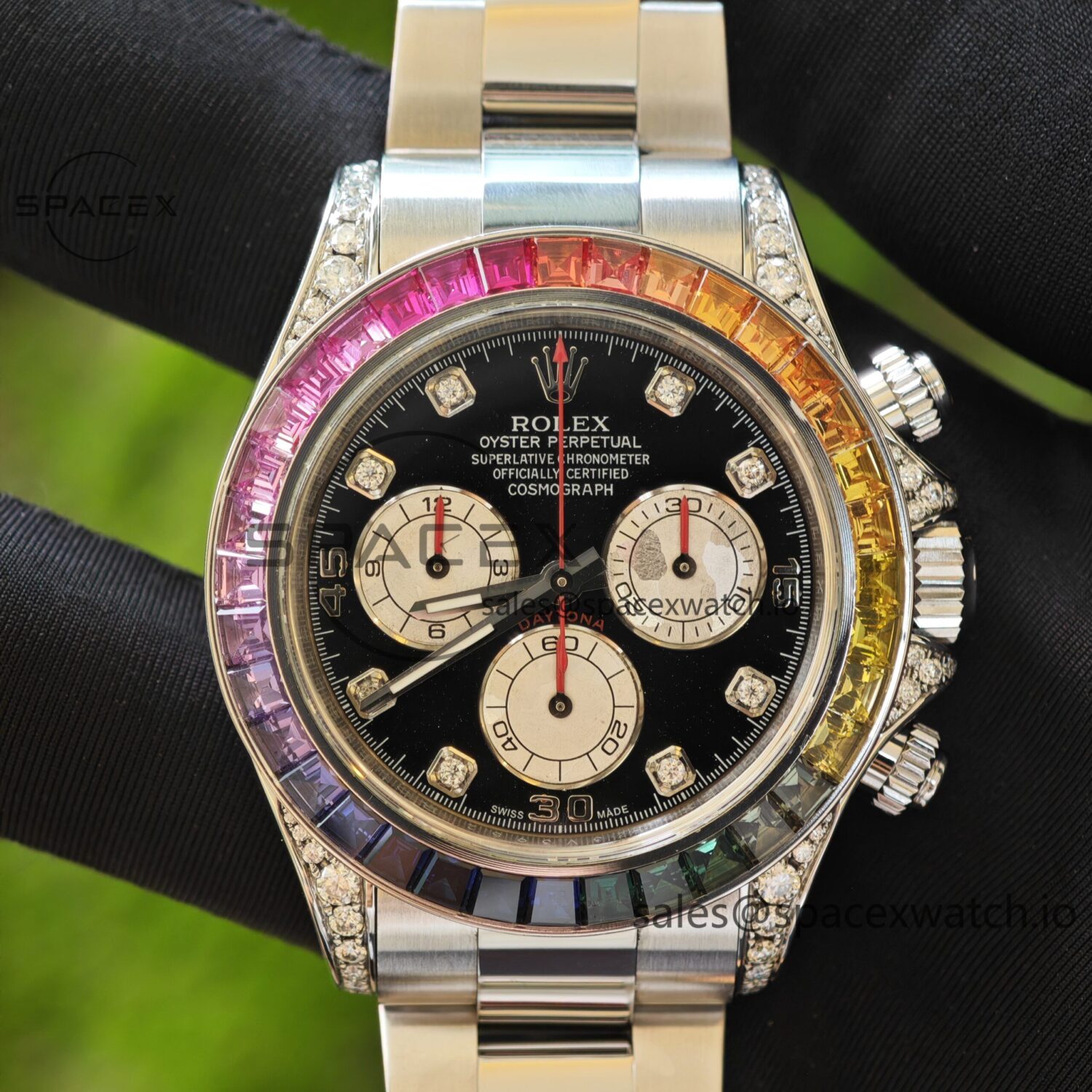 Rolex Daytona Series 116599 RBOW Platinum Rainbow Di reference-accurateCNC Customized Case, Strap, Buckle, Customized Best Dial, Natural Sapphire Rainbow Outer Ring, Dandong 4130 Movement — custom-built watch