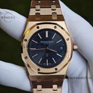AP Royal Oak 39mm 15202 blue dial, electroplated 18K gold case (consistent color), dial hands undergo secondary finishing treatment, case undergoes secondary polishing — custom-built watch
