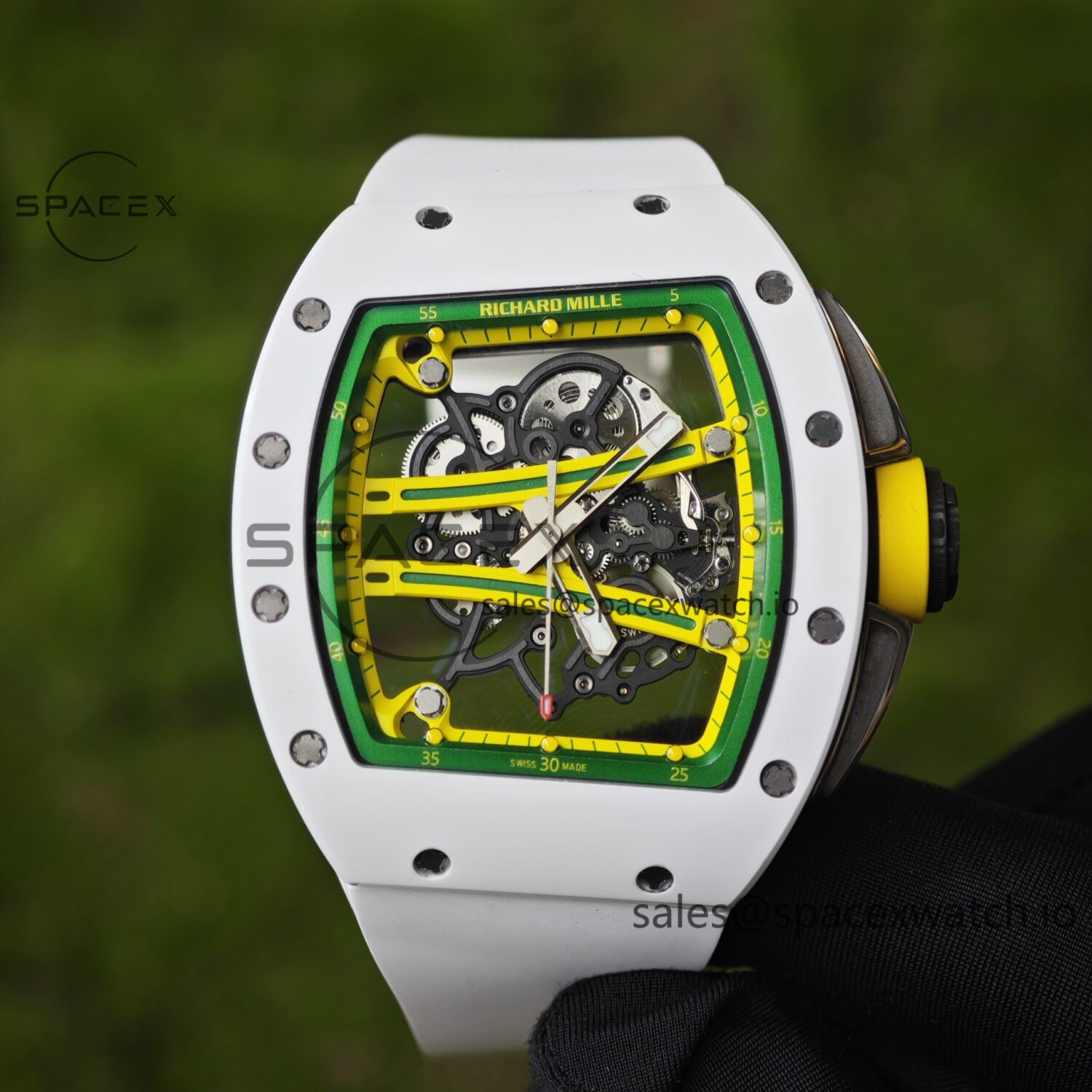 Customized Richard Mill 61-01 green track, ZF white ceramic case, customized VA best integrated movement (appearance and function identical to genuine), natural white rubber strap — custom-built watch