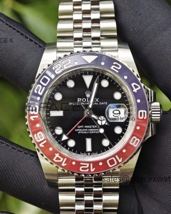 Rolex GMT Master II m126710blro, customized best alternative outer ring, hands, dial and hour markers, strap polished twice, Dandong 3285 movement — custom-built watch