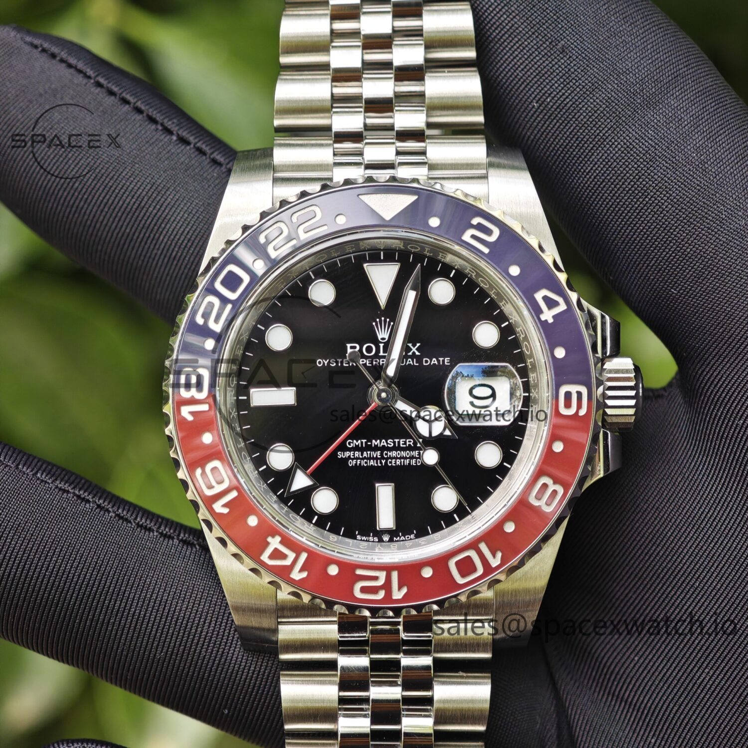 Rolex GMT Master II m126710blro, customized best alternative outer ring, hands, dial and hour markers, strap polished twice, Dandong 3285 movement — custom-built watch
