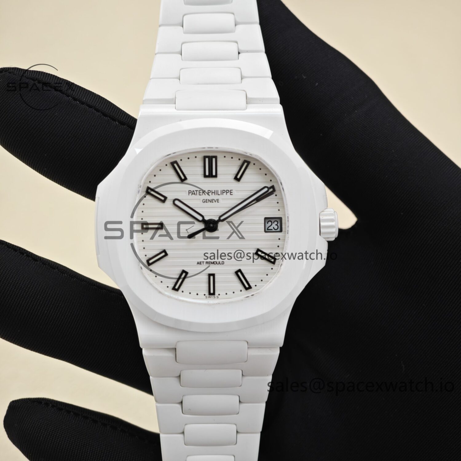 AET Patek Philippe 5711 white ceramic, original data reference-accuratecustomized high-end white ceramic case and strap, customized best alternative white dial, hands, calendar, equipped with ACE324 integrated movement. — custom-built watch