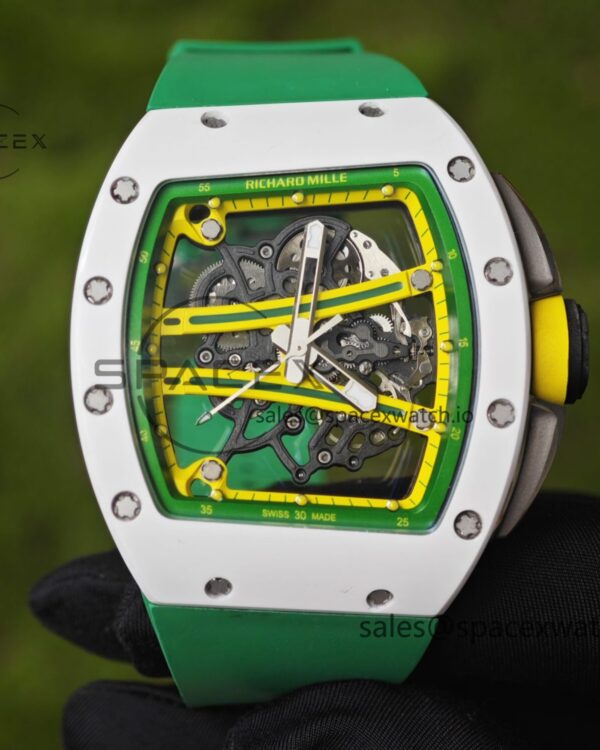 Customized Richard Mill 61-01 green track, CNCreference-accuratecustomized white ceramic case, customized VA best integrated movement (appearance and function identical to genuine), green natural rubber strap, titanium buckle — custom-built watch