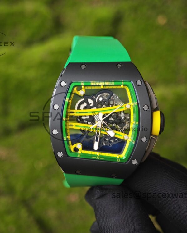 Customized Richard Mill 61-01 green track, ZF black ceramic case, customized VA best integrated movement (appearance and function identical to genuine), green natural rubber strap, yellow crown rubber ring — custom-built watch