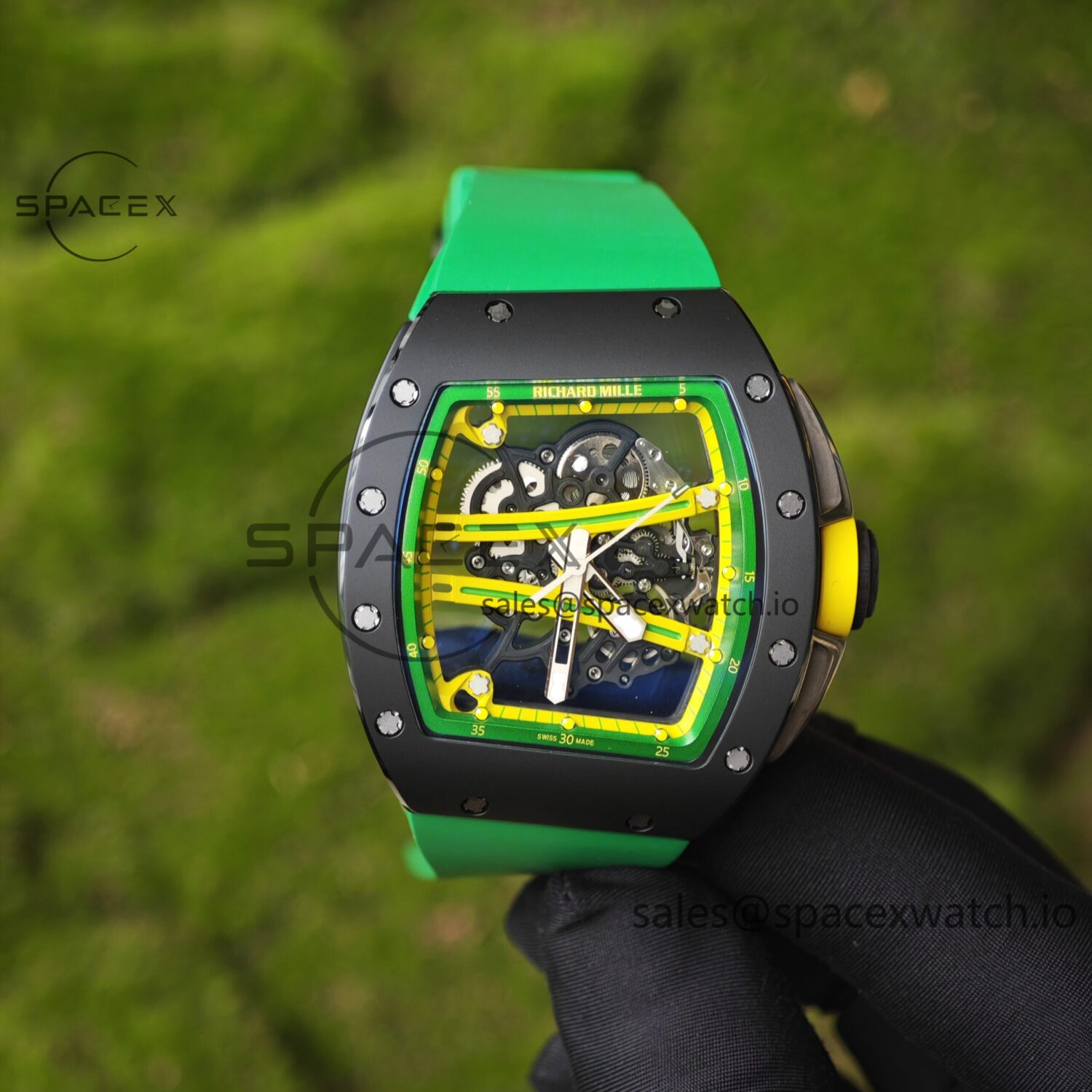 Customized Richard Mill 61-01 green track, ZF black ceramic case, customized VA best integrated movement (appearance and function identical to genuine), green natural rubber strap, yellow crown rubber ring — custom-built watch