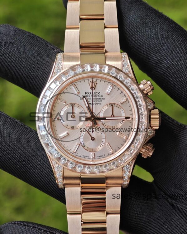 New Rolex Daytona series m126595tbr rose gold, handmade custom true T-shaped diamond outer ring, (Swiss handmade inlay) electroplated 18K rose gold case, strap, clasp, Dandong 4130 movement — custom-built watch