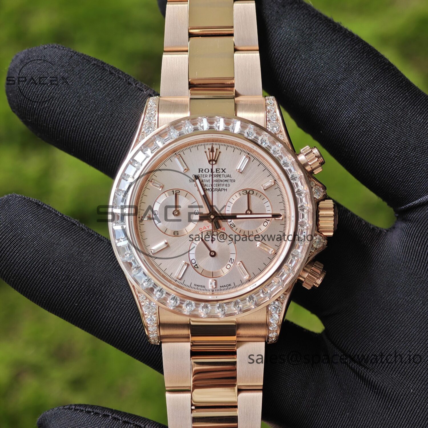 New Rolex Daytona series m126595tbr rose gold, handmade custom true T-shaped diamond outer ring, (Swiss handmade inlay) electroplated 18K rose gold case, strap, clasp, Dandong 4130 movement — custom-built watch