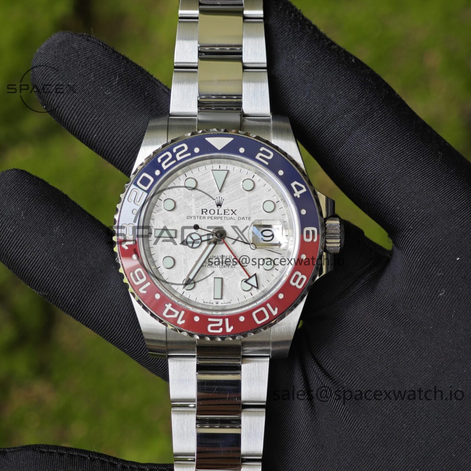 Rolex GMT Master II 126719 BLRO custom real meteorite dial, customized best alternative pointer calendar, plated with 18K white gold, Dandong 3285 integrated movement — custom-built watch