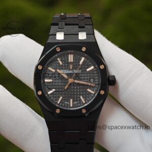 AP Royal Oak 34mm black ceramic 77350, customized imported dial, hands, and calendar. Customized black ceramic case and strap, hand-finished buildd 5800 movement — custom-built watch