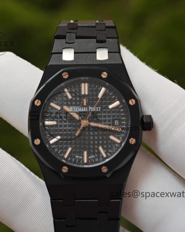 AP Royal Oak 34mm black ceramic 77350, customized imported dial, hands, and calendar. Customized black ceramic case and strap, hand-finished buildd 5800 movement — custom-built watch