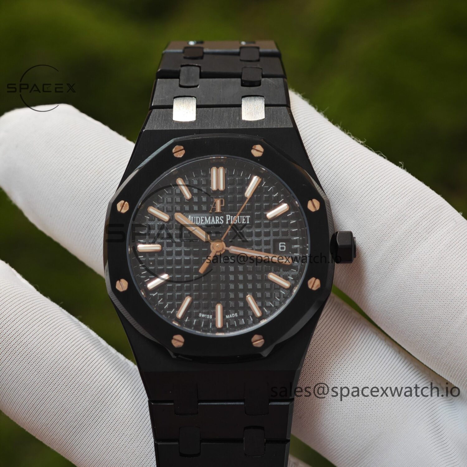 AP Royal Oak 34mm black ceramic 77350, customized imported dial, hands, and calendar. Customized black ceramic case and strap, hand-finished buildd 5800 movement — custom-built watch