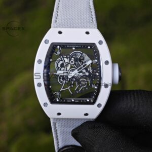 1: 1. Customized Richard Mille RM-055 white ceramic, titanium rubber inner shell, Vaucher RMUL2 super movement, canvas Velcro strap — custom-built watch