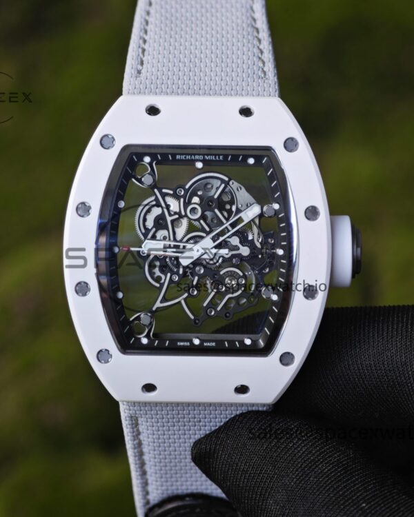 1: 1. Customized Richard Mille RM-055 white ceramic, titanium rubber inner shell, Vaucher RMUL2 super movement, canvas Velcro strap — custom-built watch