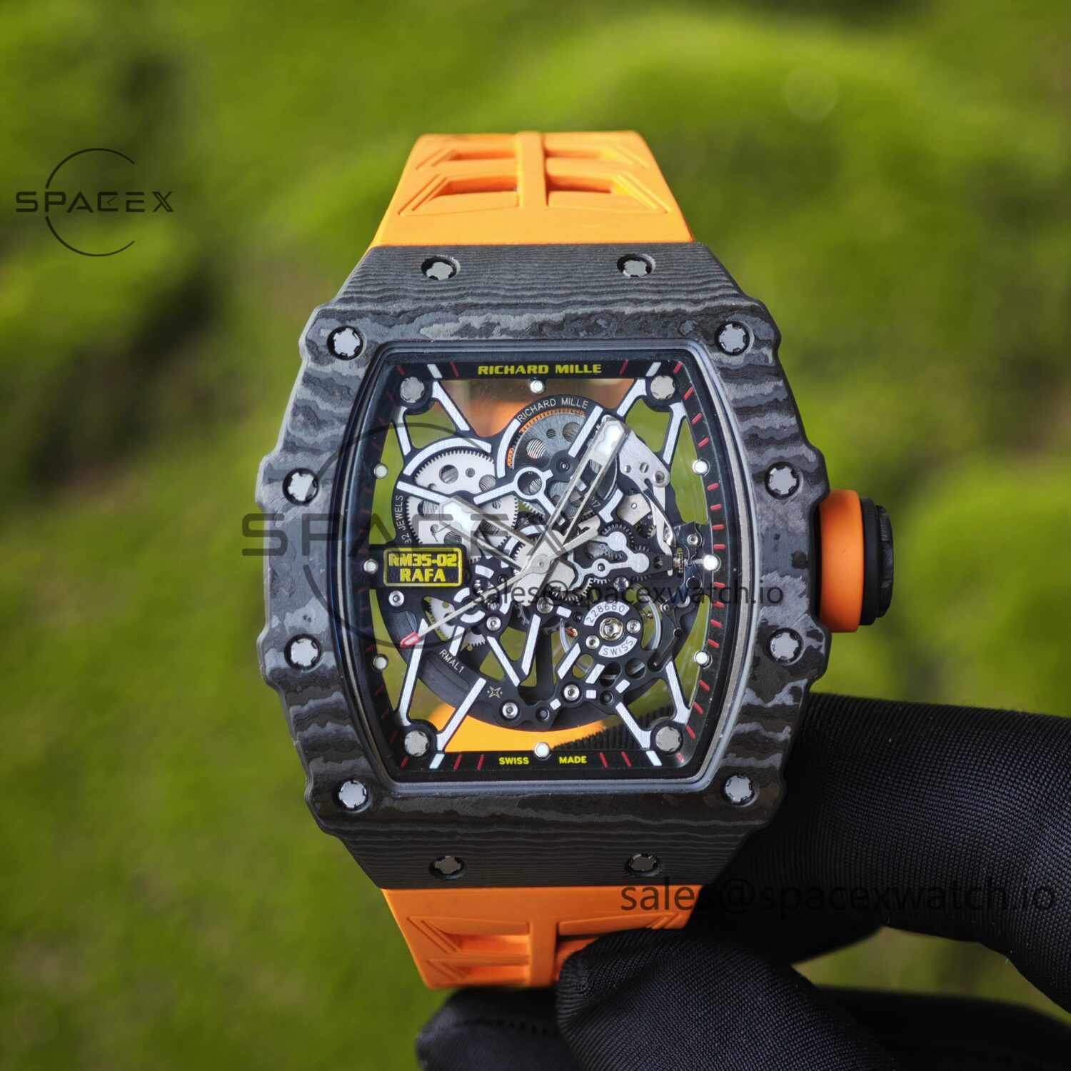 Richard Mille RM35-02 Orange, Customized Parmigiani Movement, Customized Imported Carbon Fiber Case, Paired with Orange Imported Natural Rubber Strap, reference-accurateCustomized Titanium Buckle — custom-built watch