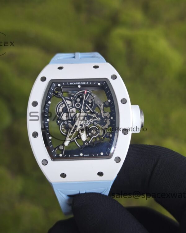 Richard Mir RM055， Original data reference-accuratecustomized best white ceramic case, improved RMUL2 movement using Parmigiani movement, natural rubber blue shark strap, high transparency curved sapphire crystal, titanium buckle — custom-built watch